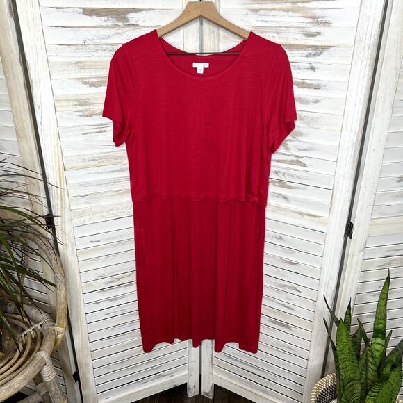 J. JILL Women's Size M Layered Button Back Short Sleeve Summer Dress Sangria Red - Picture 12 of 12